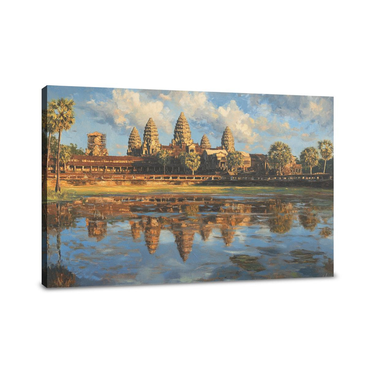 Stunning Wall Art Canvas depicting Angkor Wat temple reflecting in water under a blue sky