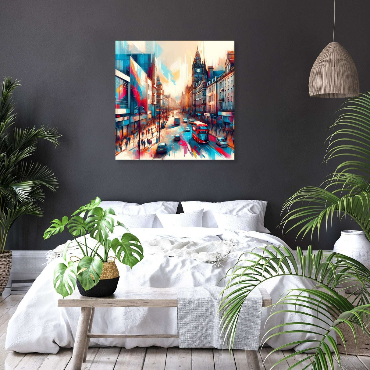 Vibrant wall art canvas depicting a bustling city street scene for modern home decor