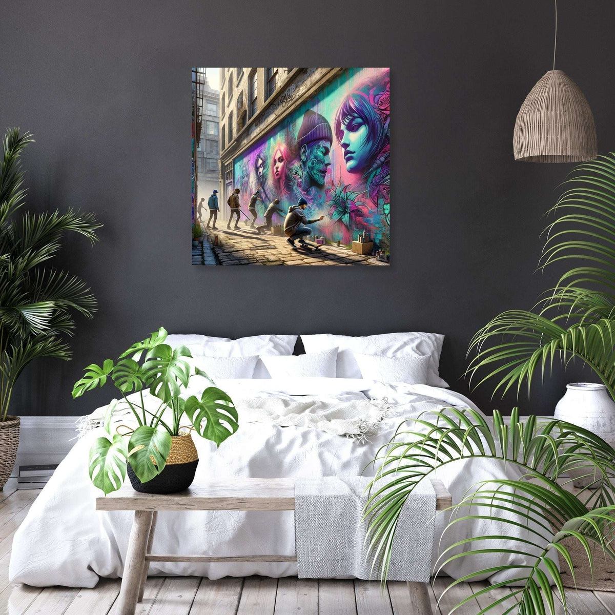 Vibrant wall art canvas featuring urban street art, perfect for modern home decor