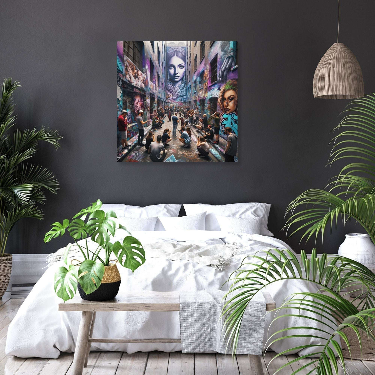 Vibrant Wall Art Canvas depicting a bustling street scene with urban graffiti and diverse characters