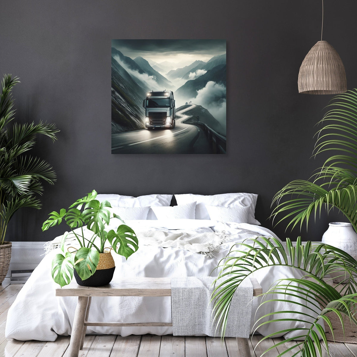 Wall Art Canvas featuring a truck on a mountain road, perfect for modern home decor