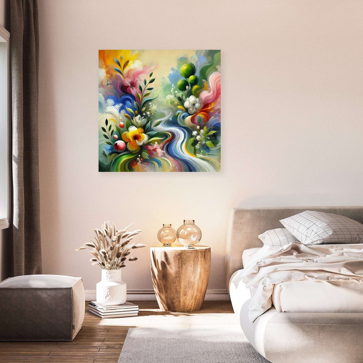 Colourful abstract wall art canvas featuring vibrant flowers and shapes in a modern bedroom