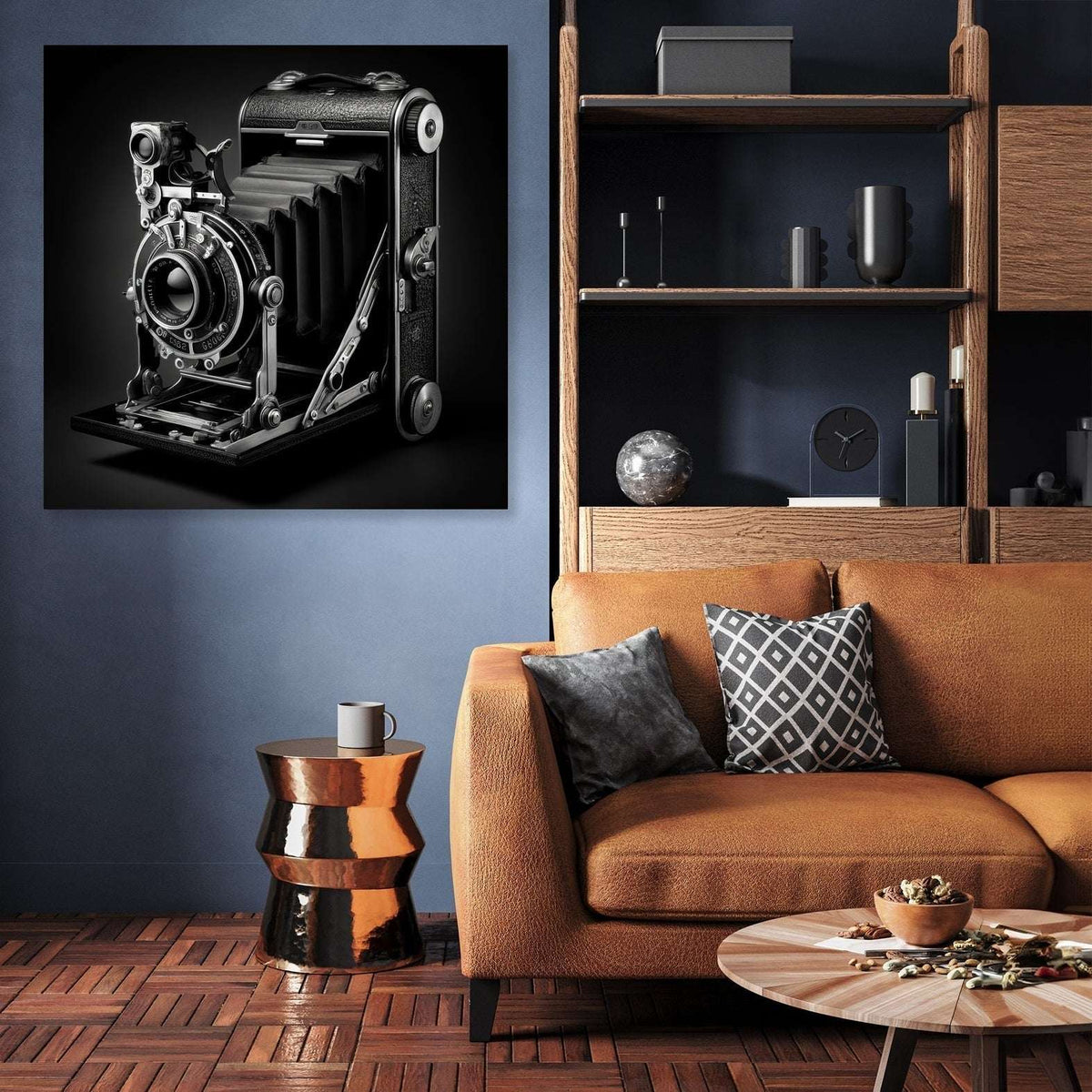 Vintage camera wall art canvas displayed in a modern living room setting