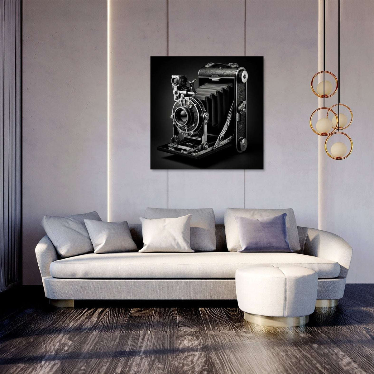 Vintage camera wall art canvas displayed above a modern grey sofa in a stylish living room