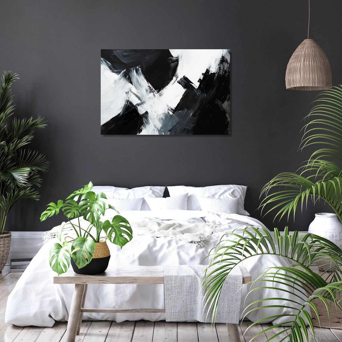 Modern abstract Wall Art Canvas in black and white, enhancing a stylish bedroom decor
