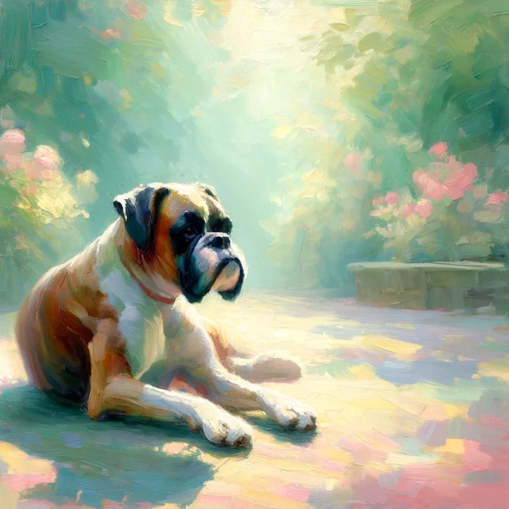 Beautiful Wall Art Canvas featuring a Boxer dog relaxing in a sunlit garden scene