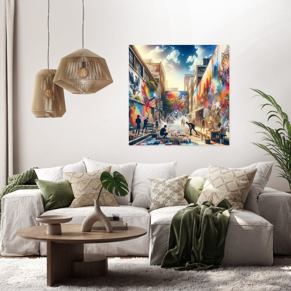 Vibrant Wall Art Canvas depicting a lively street scene with people and colourful murals in a modern living room