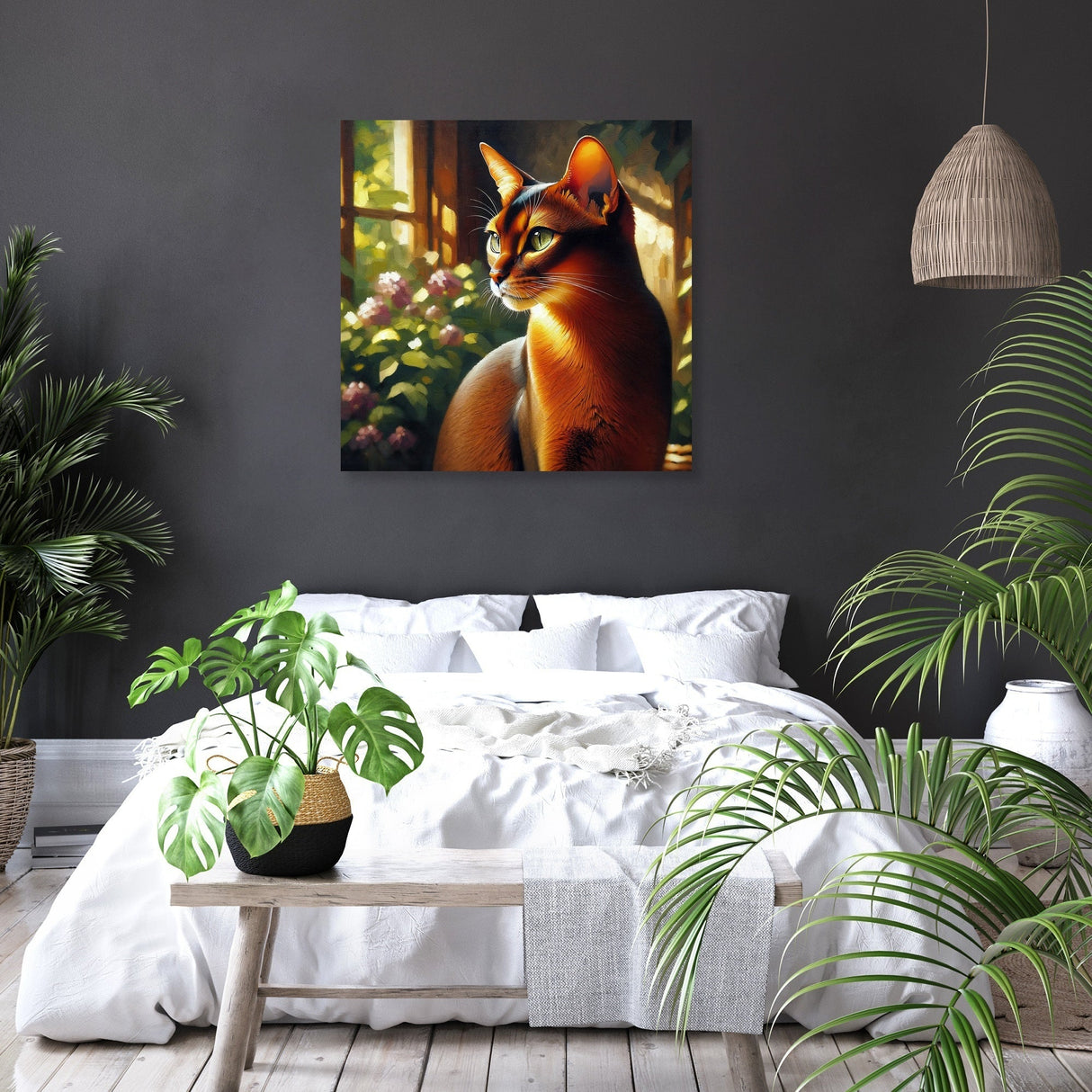 Beautiful wall art canvas featuring a cat by a window with flowers, ideal for home decor