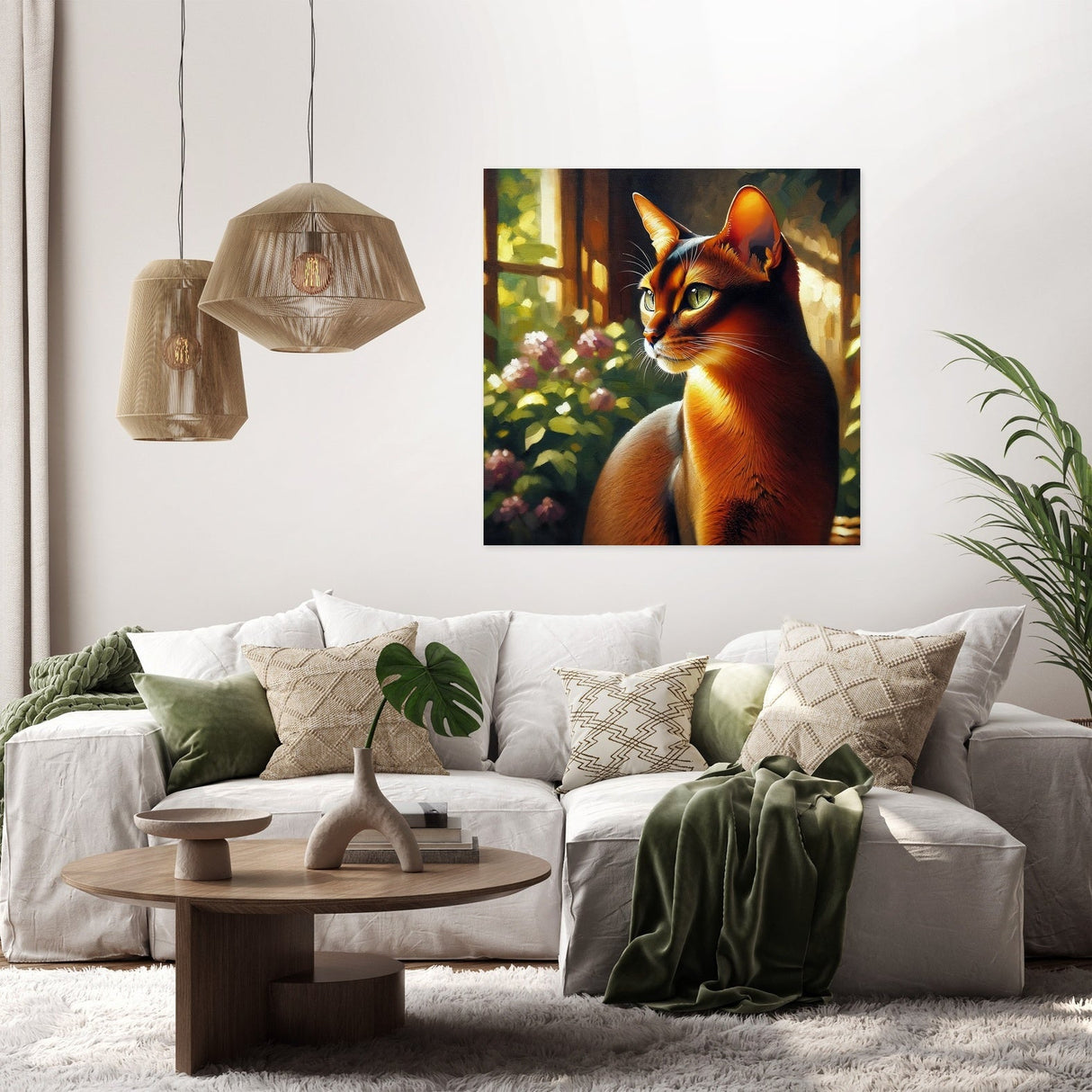 Beautiful cat wall art canvas depicting a serene scene with vibrant colours and a warm atmosphere