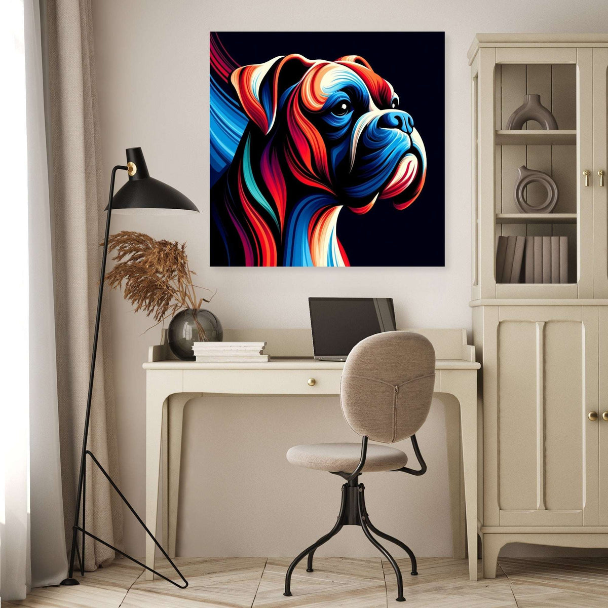 Colourful Boxer Dog Wall Art Canvas adding vibrant decor to a modern workspace