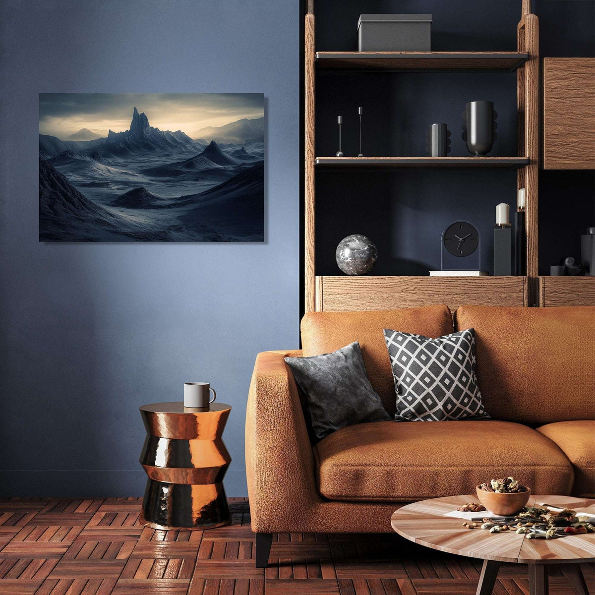Stylish wall art canvas featuring a dramatic mountain landscape in moody colours for home decor