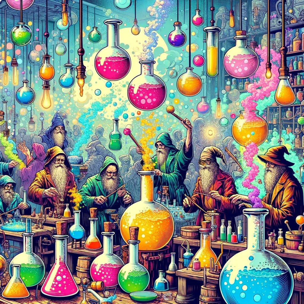 Vibrant wall art canvas featuring whimsical gnomes in a potion-filled laboratory