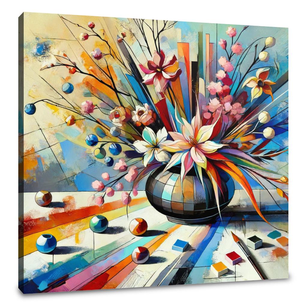 Bright and Colourful Wall Art Canvas Featuring a Flower Vase with Abstract Design