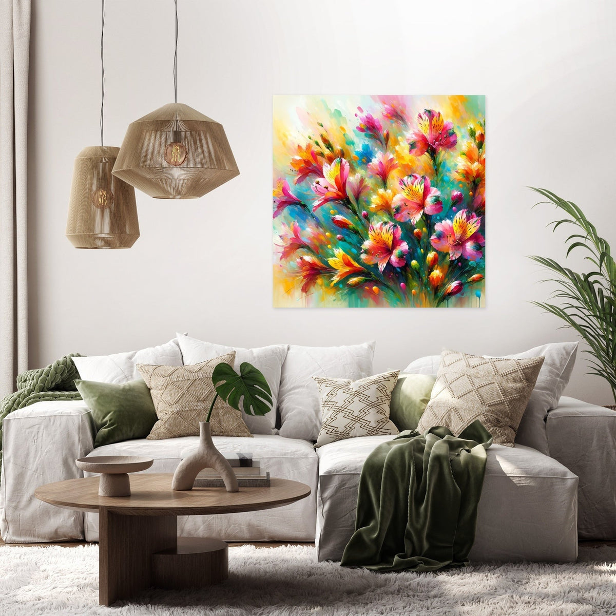 Colourful floral Wall Art Canvas displayed above a modern sofa in a stylish living room