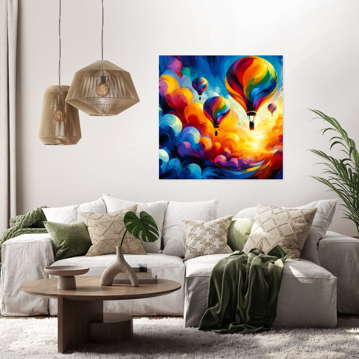 Vibrant Wall Art Canvas featuring colourful hot air balloons against a sunset sky in a stylish living room