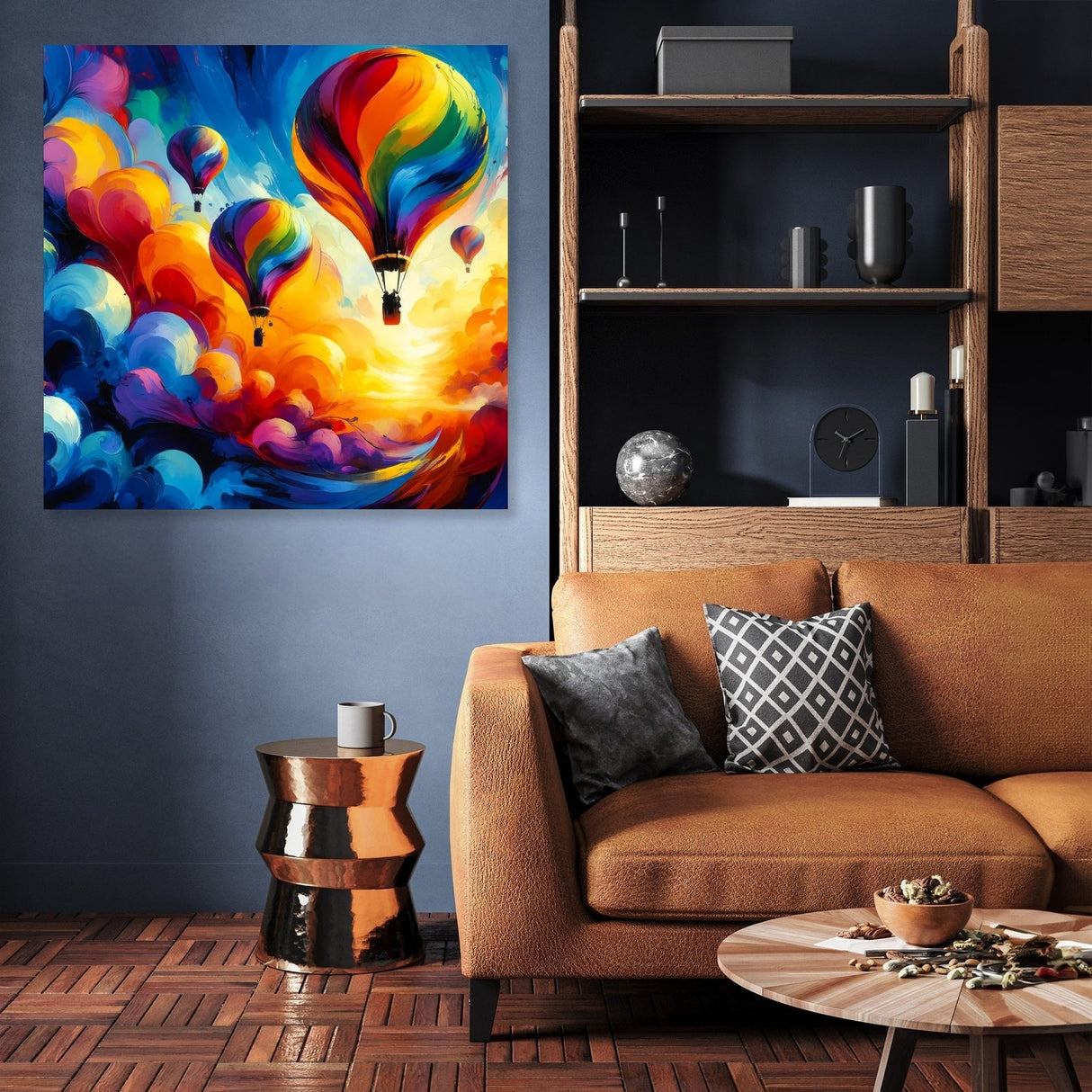 Vibrant Wall Art Canvas featuring colourful hot air balloons against a dramatic sky in a stylish living room
