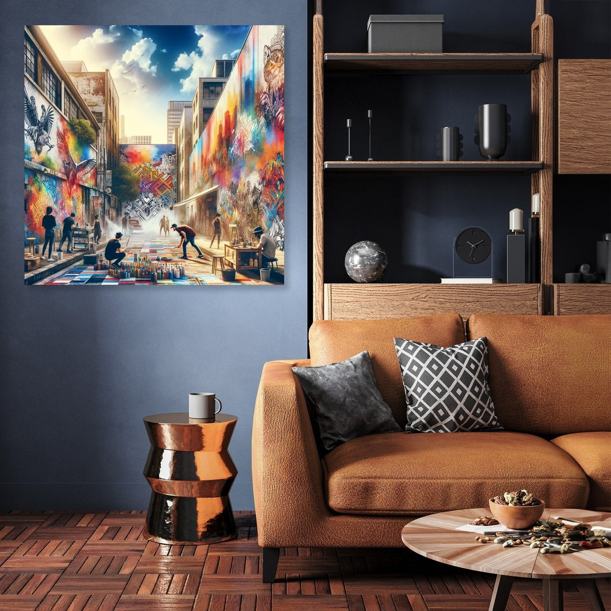 Vibrant wall art canvas featuring urban street art, enhancing modern living room decor