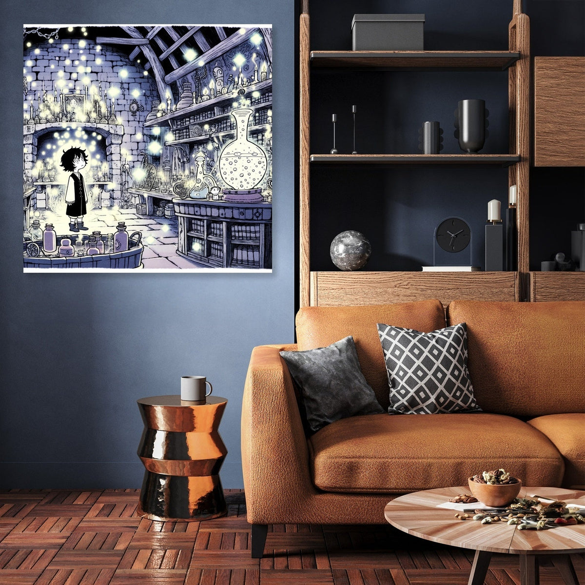 HOME ART HAVEN Wall Art Canvas featuring a whimsical wizard character in a potion-filled library