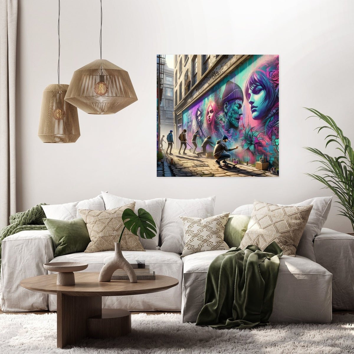 Colourful Wall Art Canvas featuring urban street art, displayed in a modern living room setting