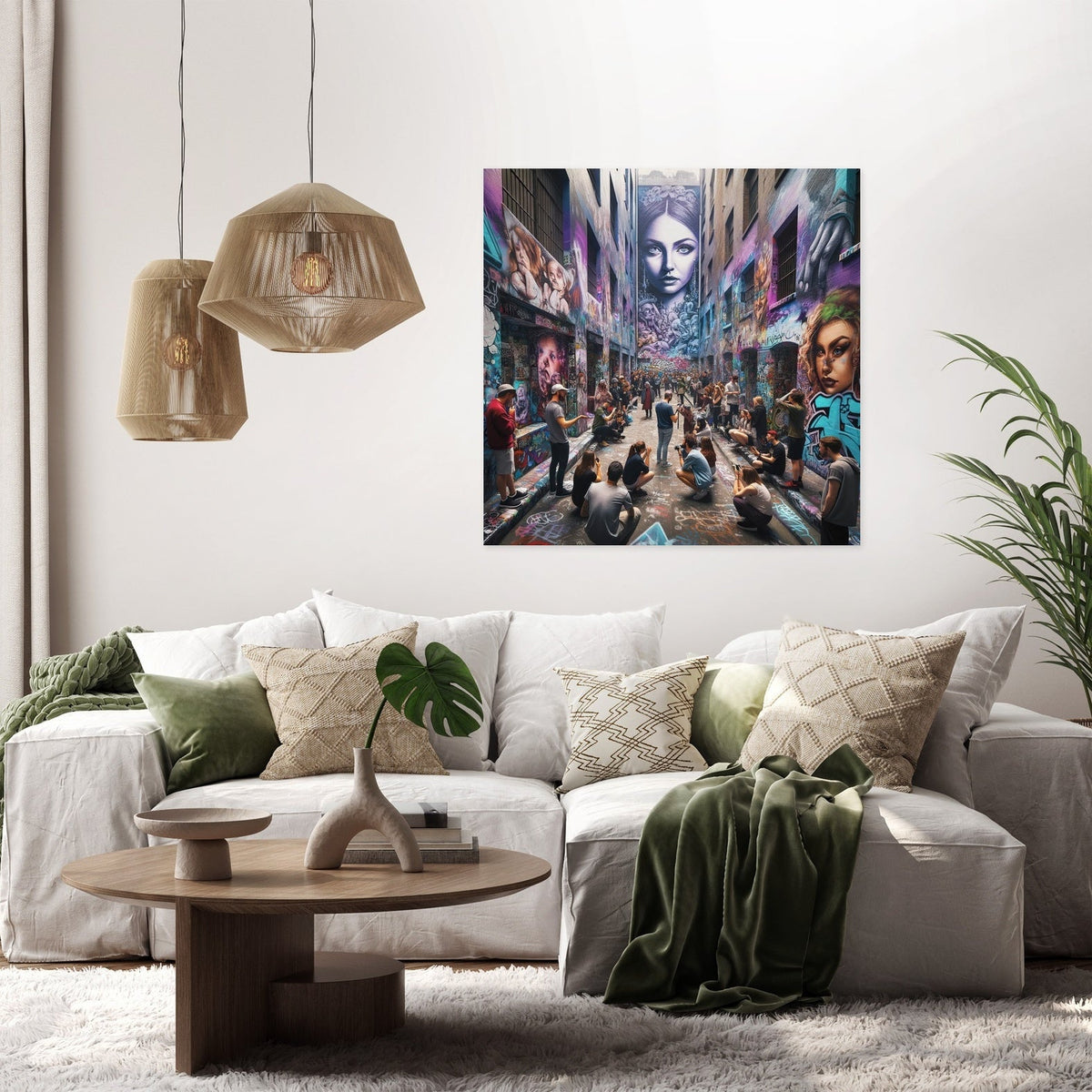 Vibrant Wall Art Canvas featuring an urban scene with diverse characters and street art on display
