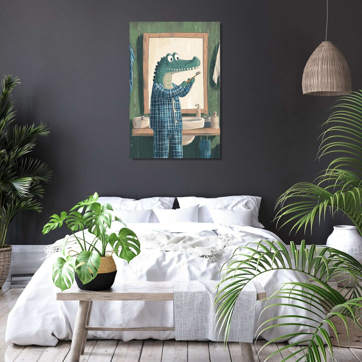 Whimsical Wall Art Canvas featuring a crocodile in a bathroom mirror scene