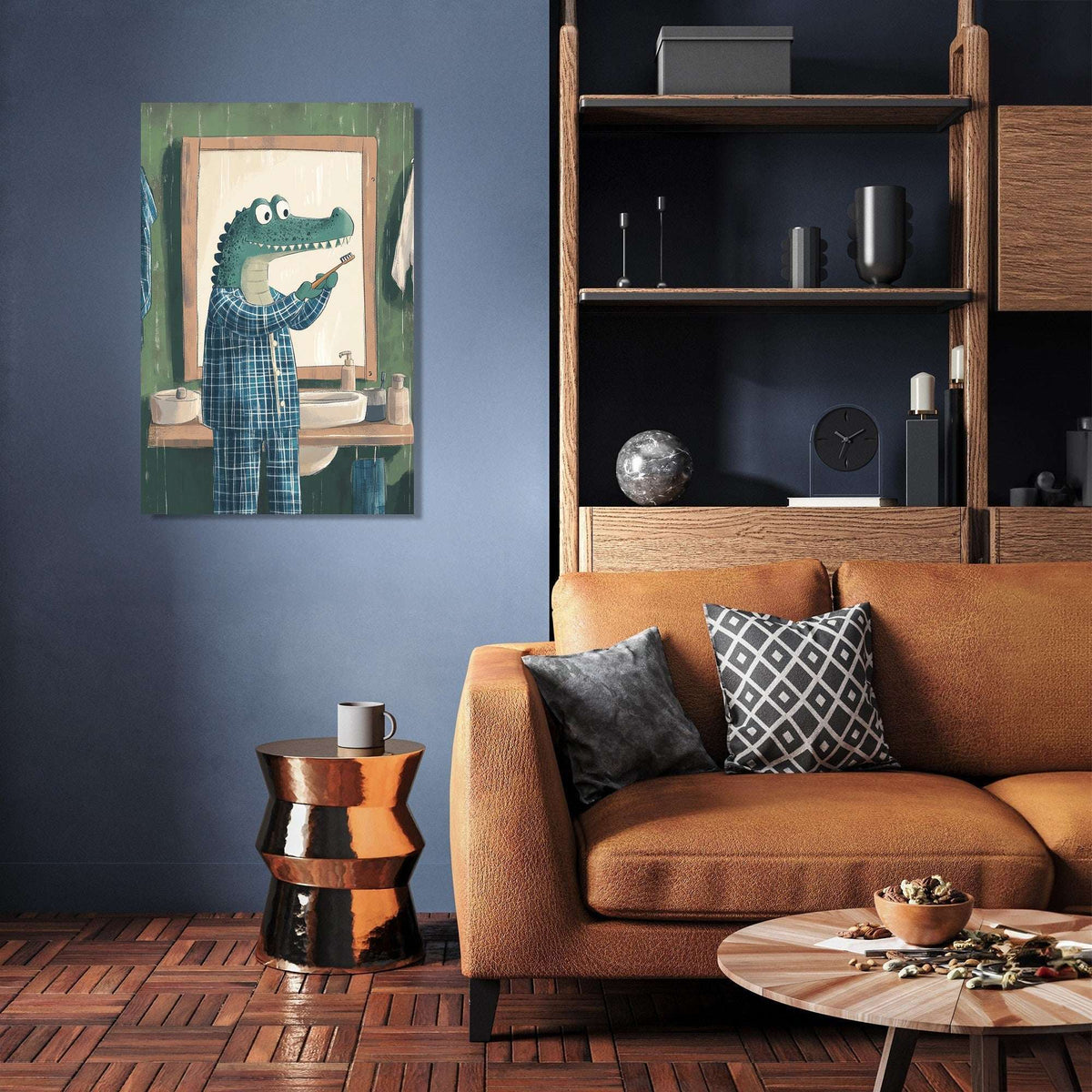 Whimsical Wall Art Canvas featuring a crocodile in a blue robe standing in front of a mirror