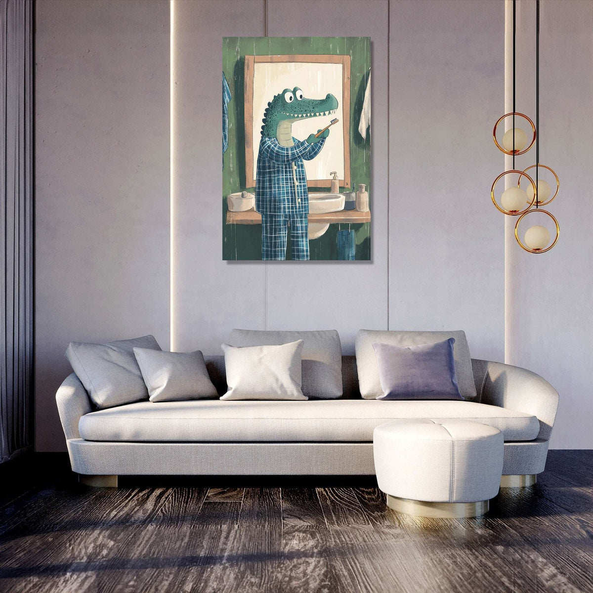 Whimsical Wall Art Canvas featuring a crocodile in pyjamas in front of a mirror