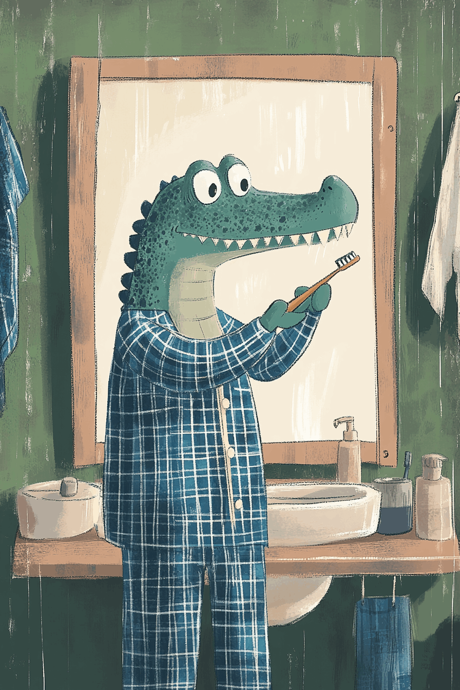 Cartoon alligator in pyjamas brushing teeth in bathroom, perfect for playful Wall Art Canvas