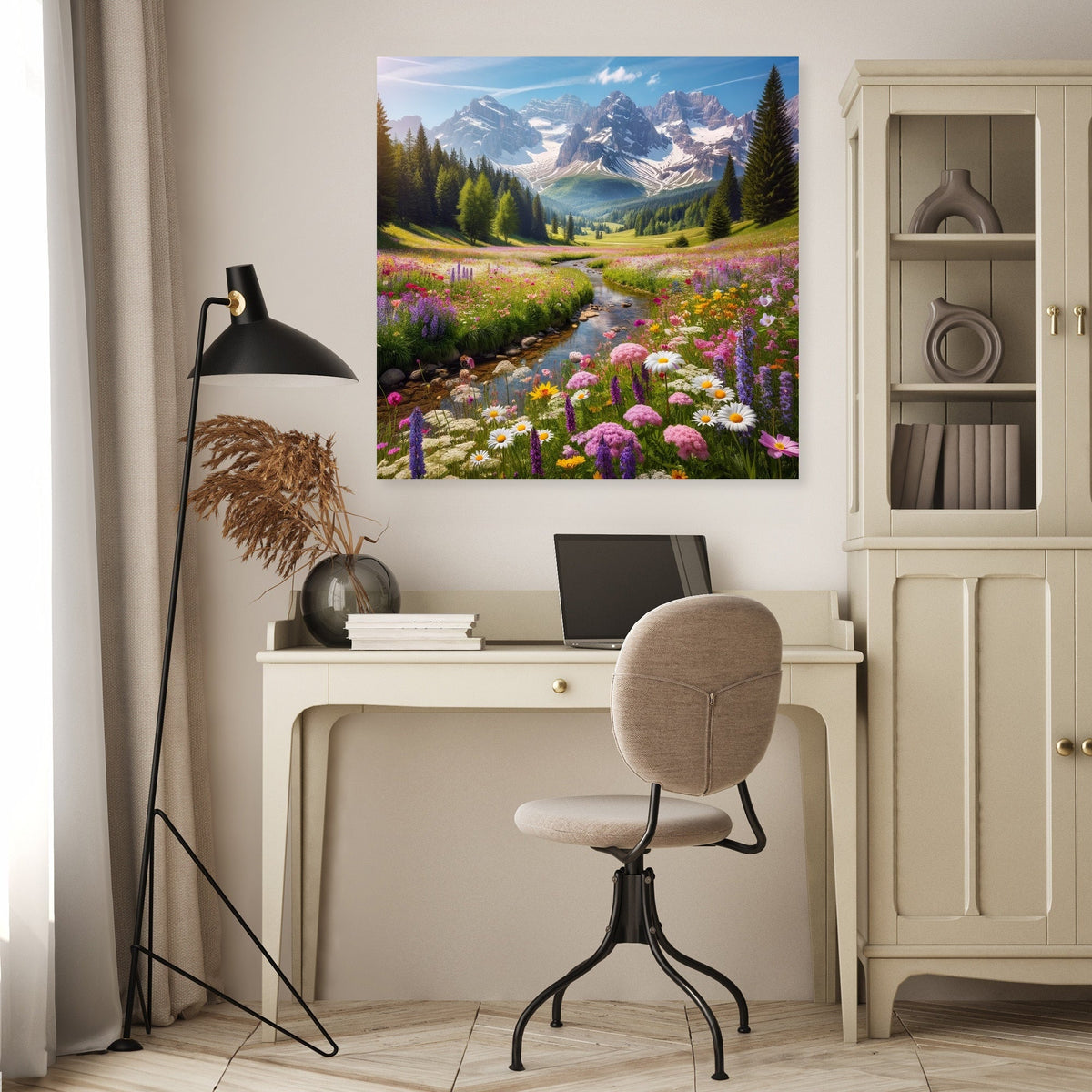 Beautiful Wall Art Canvas featuring a vibrant mountain landscape with flowers and a river