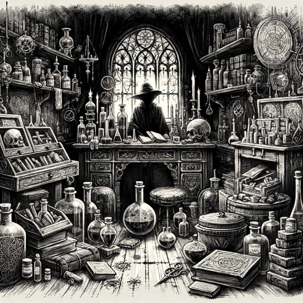 Intricate Wall Art Canvas featuring a mystical alchemist's laboratory filled with potion bottles and scrolls