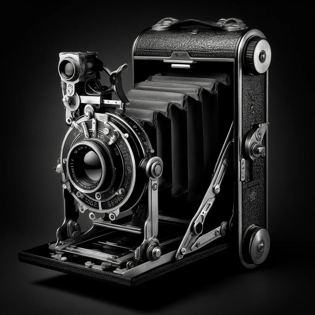 Vintage wall art canvas featuring a classic folding camera in detailed black and white