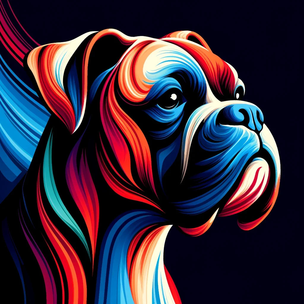 Colourful abstract dog portrait wall art canvas with vibrant lines and bold colours
