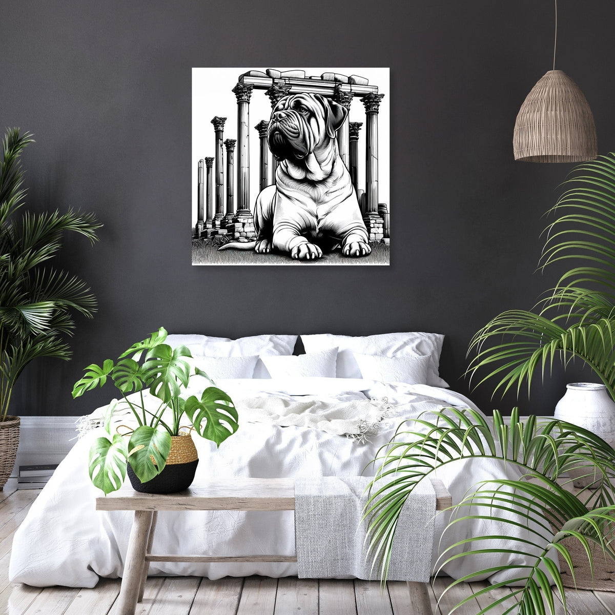 Stylish wall art canvas featuring a large bulldog in a classical setting for modern home decor