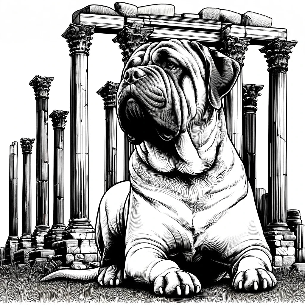 Home Art Haven Wall Art Canvas featuring a detailed illustration of a dog in front of ancient columns