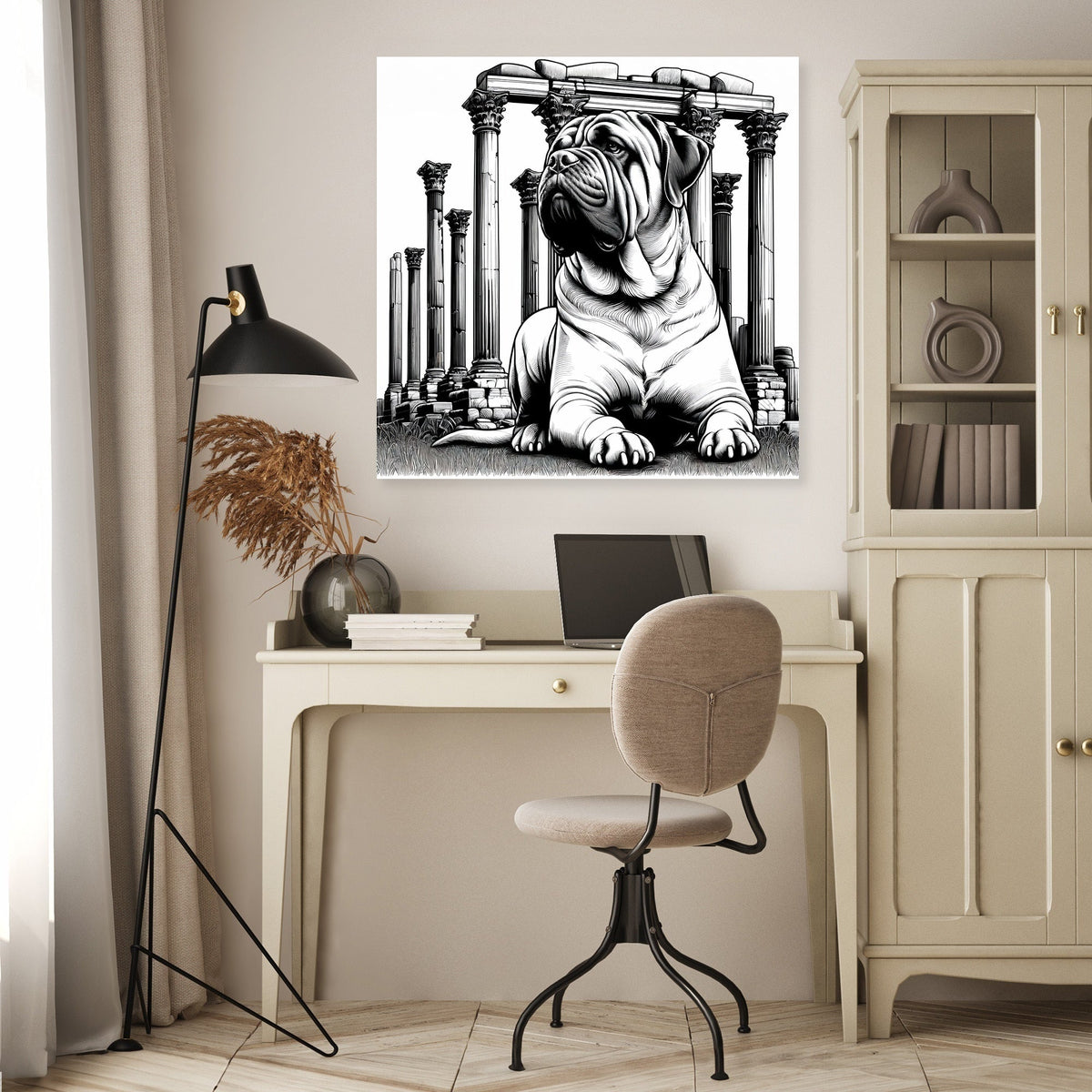 Stylish wall art canvas featuring a Shar Pei dog against a classic architecture backdrop