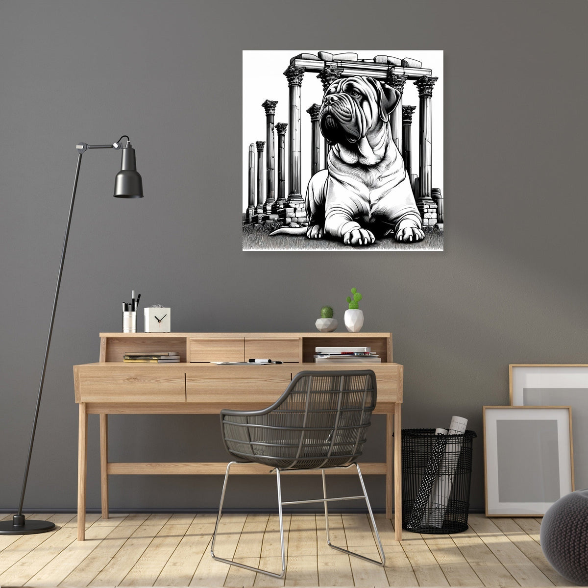 Stylish wall art canvas featuring a Shar Pei dog in front of historic columns for modern decor