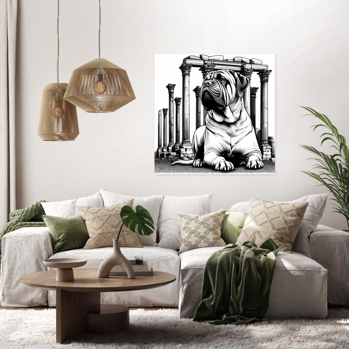 Stylish Wall Art Canvas featuring a Shar Pei dog among classical columns in a modern living room