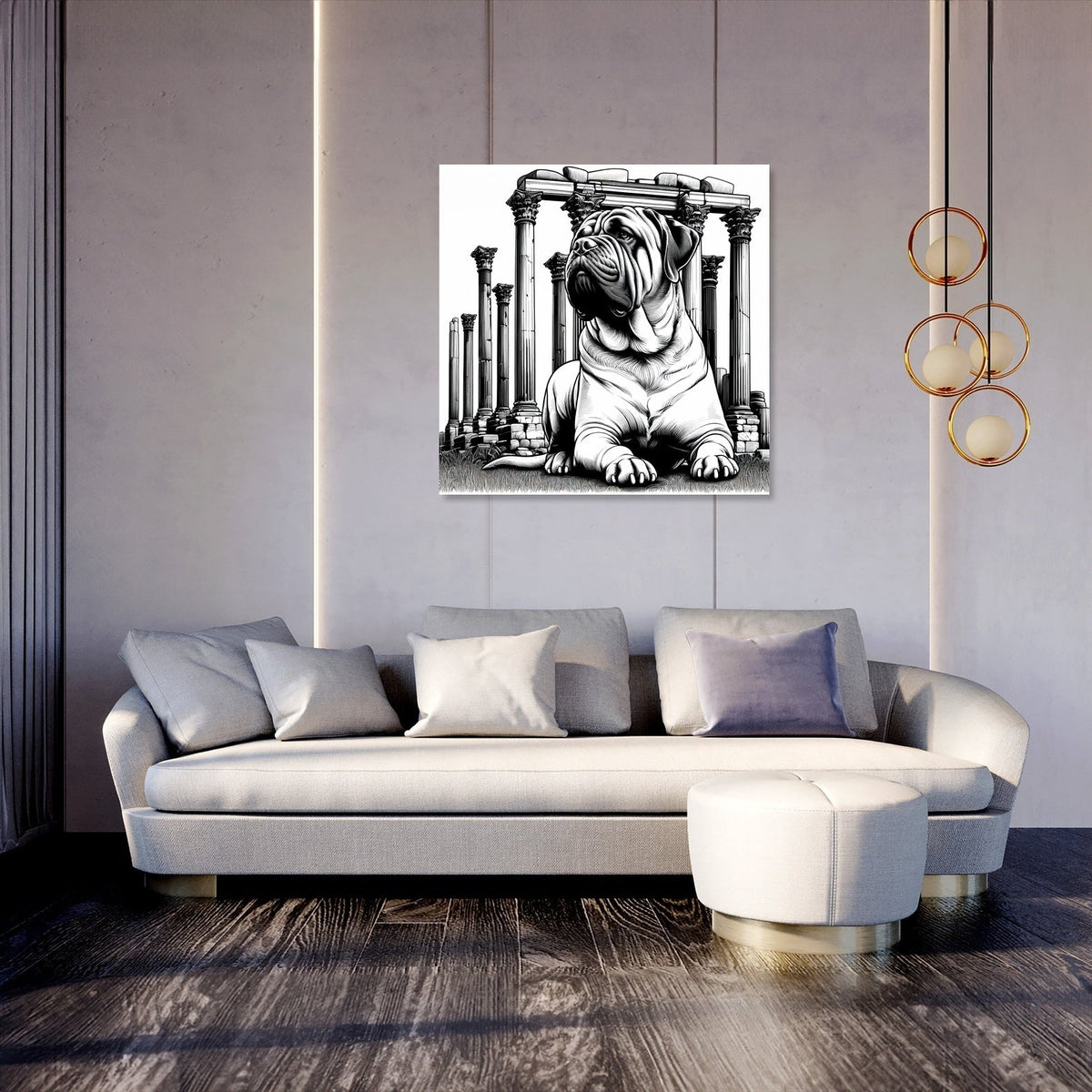 Stylish Wall Art Canvas featuring a dog against a backdrop of classical columns, perfect for modern interiors