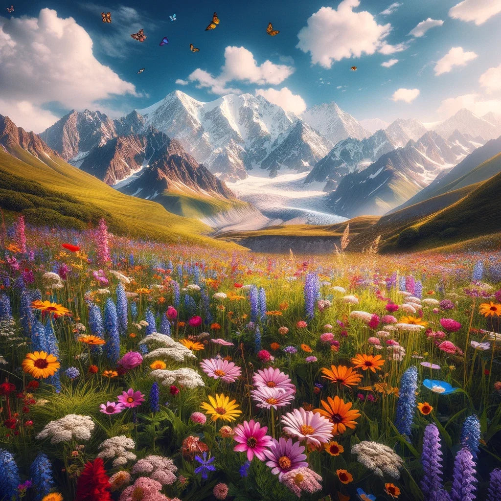 Vibrant Wall Art Canvas featuring a scenic mountain landscape with blooming flowers and butterflies