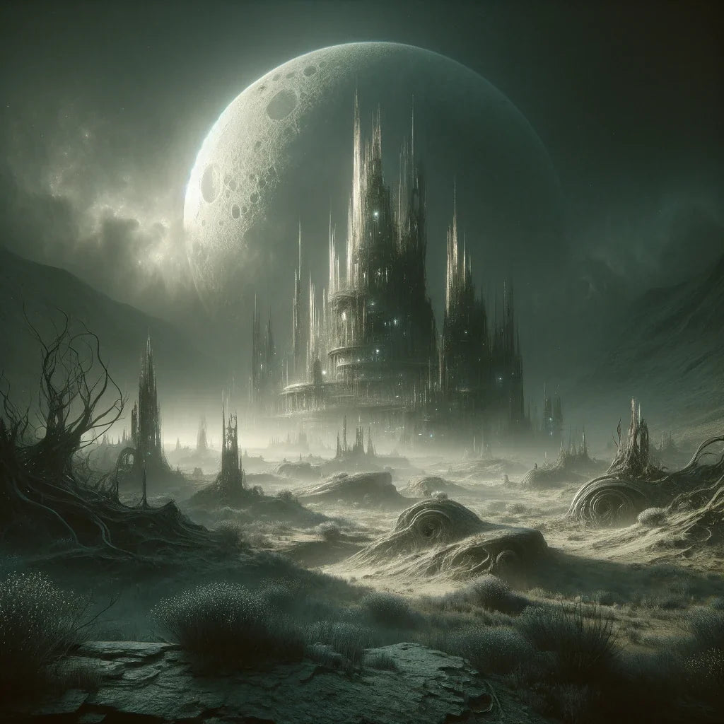 Surreal wall art canvas depicting a mystical landscape with a towering castle and a large moon