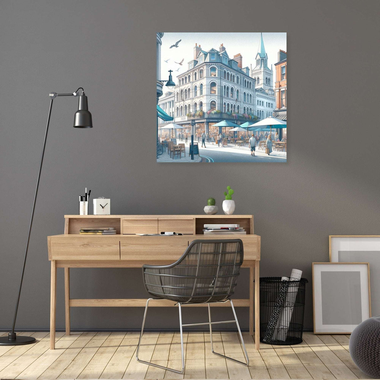 Beautiful Wall Art Canvas depicting a vibrant street scene with outdoor cafes and city architecture