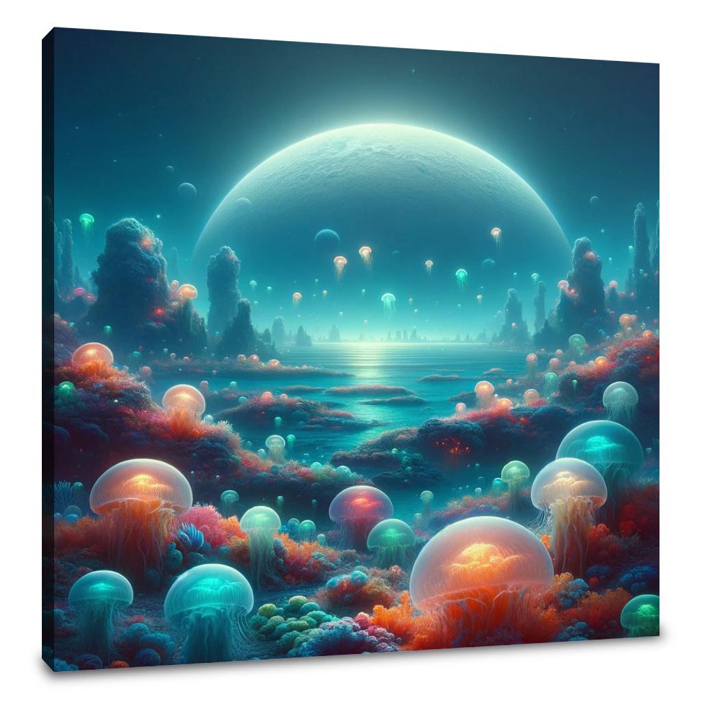 Vibrant and colourful Wall Art Canvas depicting a surreal underwater landscape with glowing jellyfish