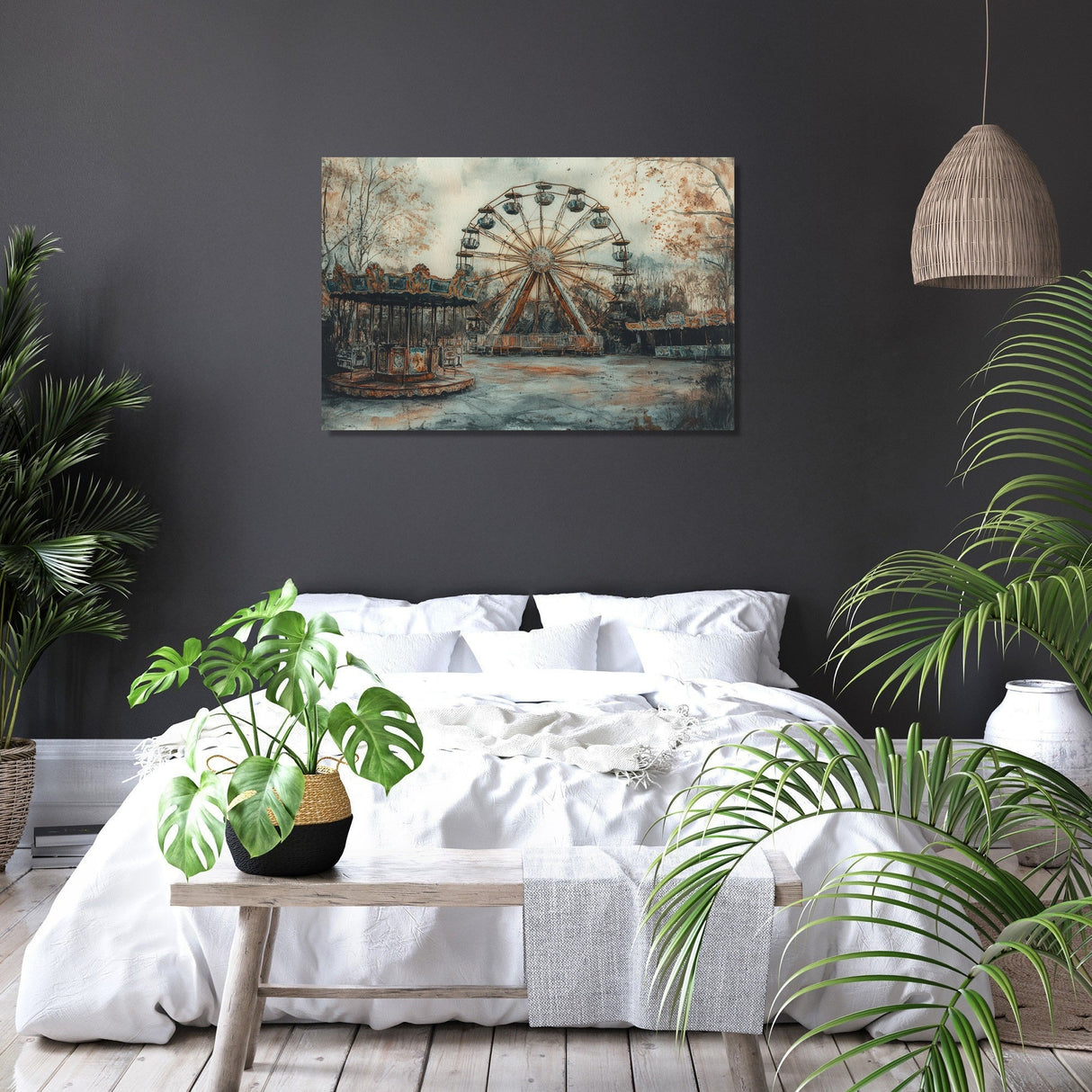 Wall Art Canvas featuring a serene ferris wheel scene, perfect for home decor in a stylish bedroom