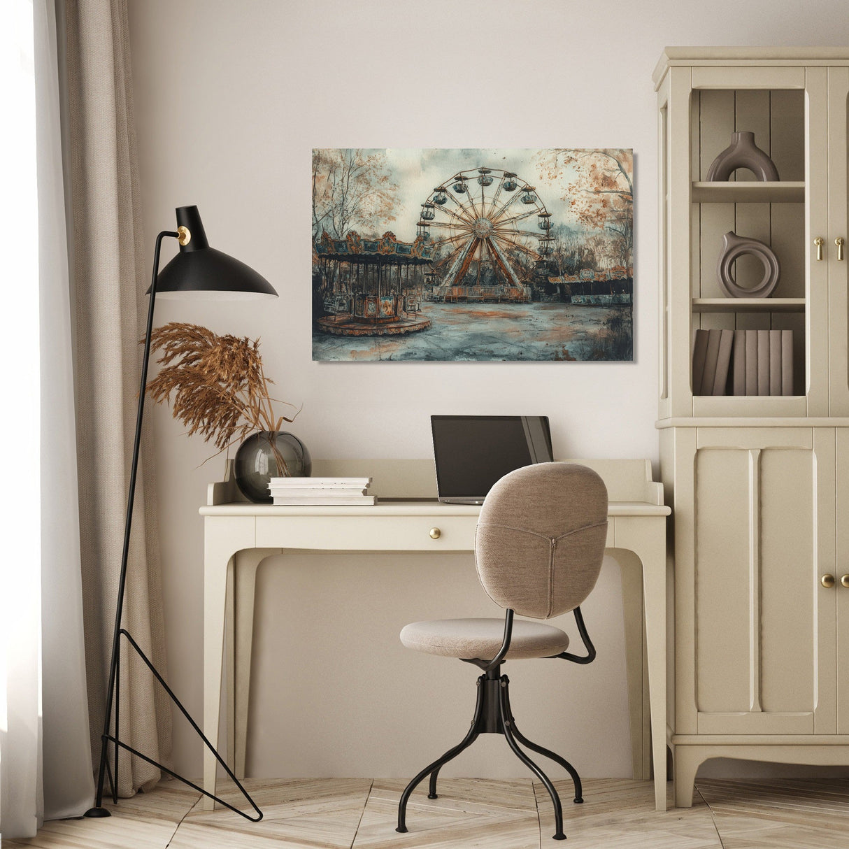 Stylish wall art canvas featuring a vintage ferris wheel by a serene lake in a modern interior