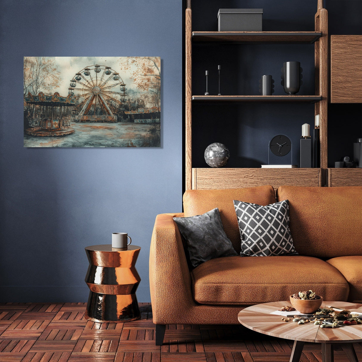HOME ART HAVEN Vintage Ferris Wheel Wall Art Canvas in a Cozy Living Room Setting