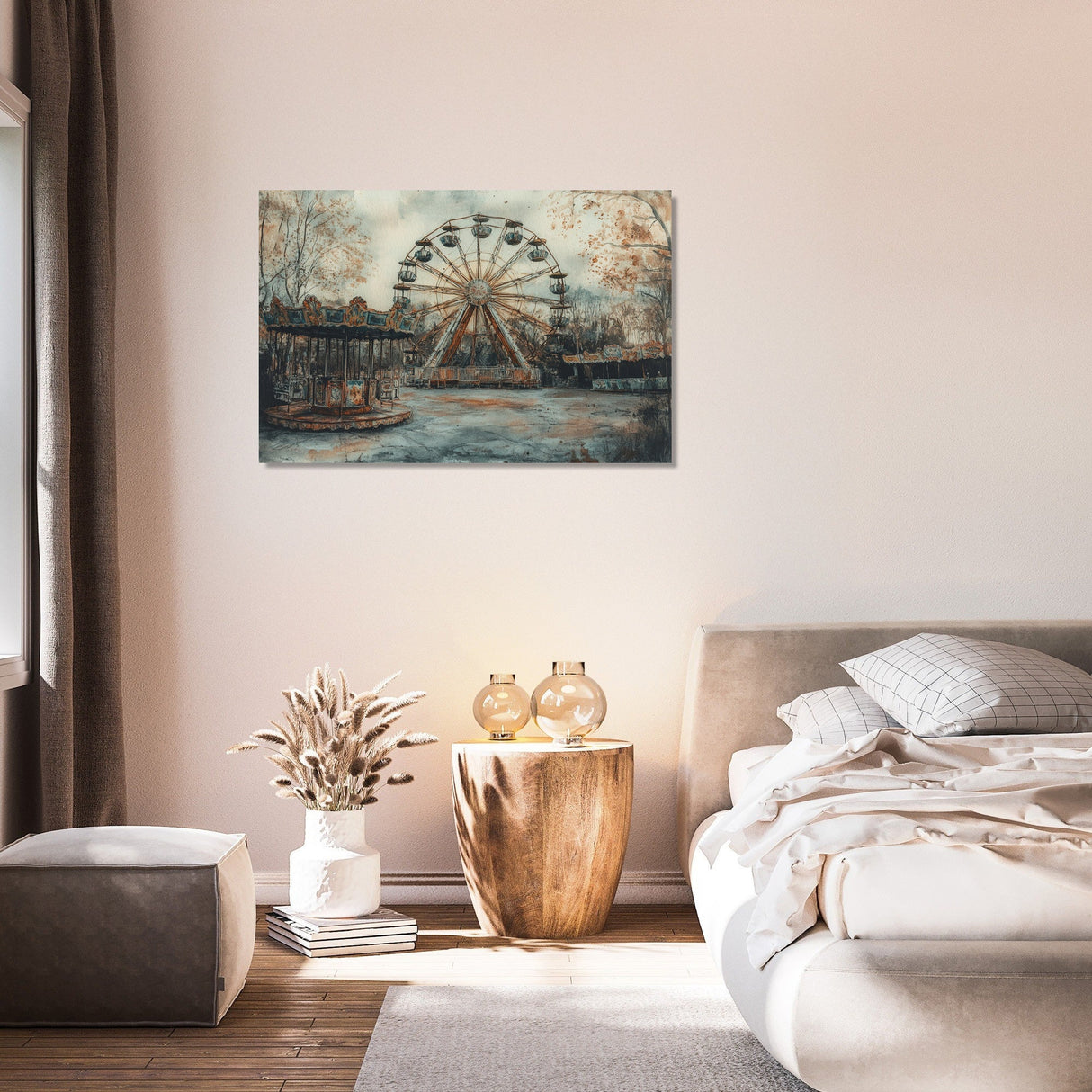 Wall Art Canvas featuring a vintage ferris wheel in a serene home setting