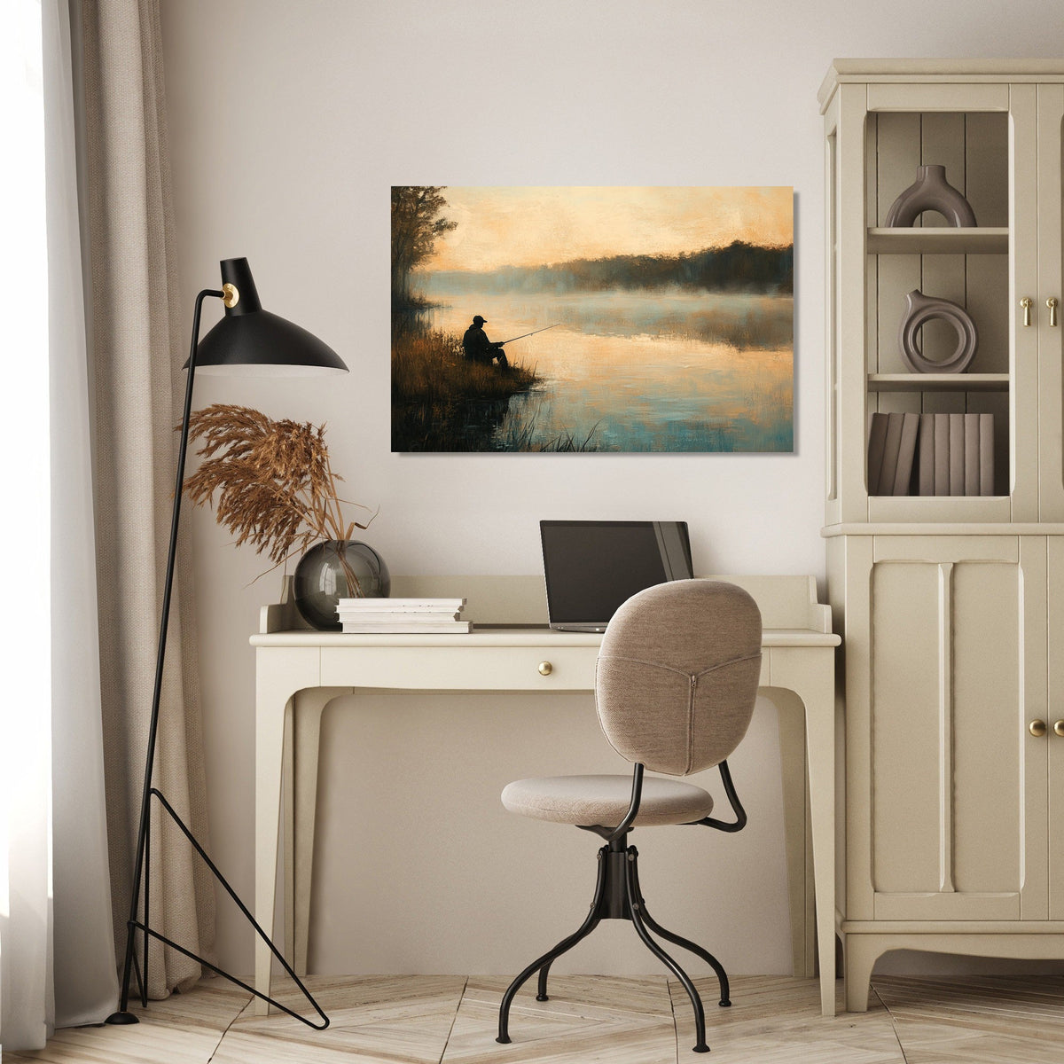 Serene wall art canvas depicting a person fishing at sunset over tranquil waters