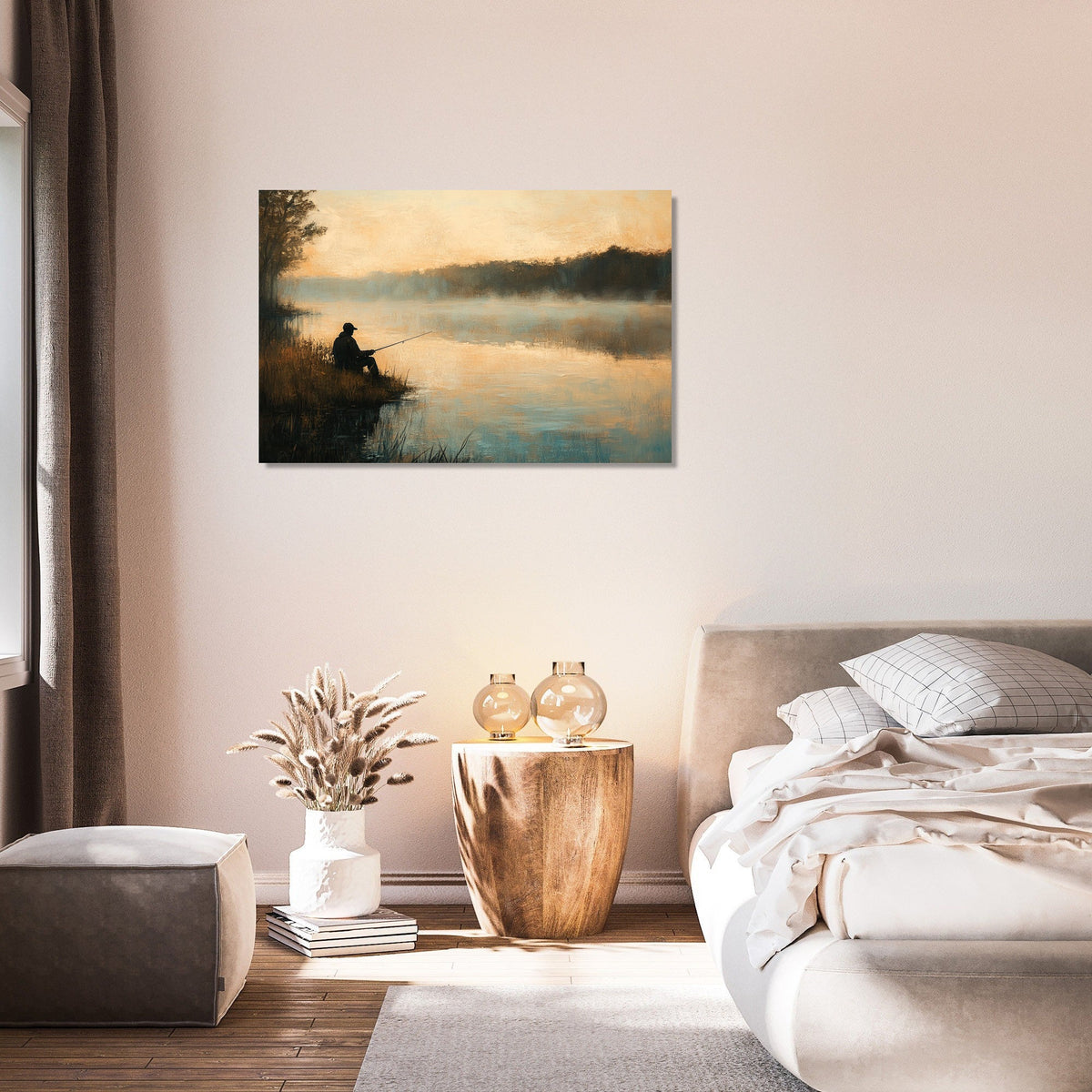 Beautiful wall art canvas depicting a serene landscape with a lone figure by a misty lake