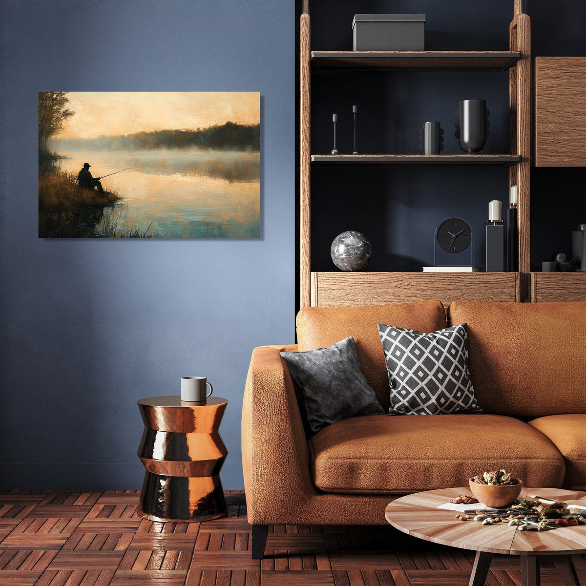 Scenic Wall Art Canvas featuring a fisherman by the lake, enhancing home decor in a modern living room