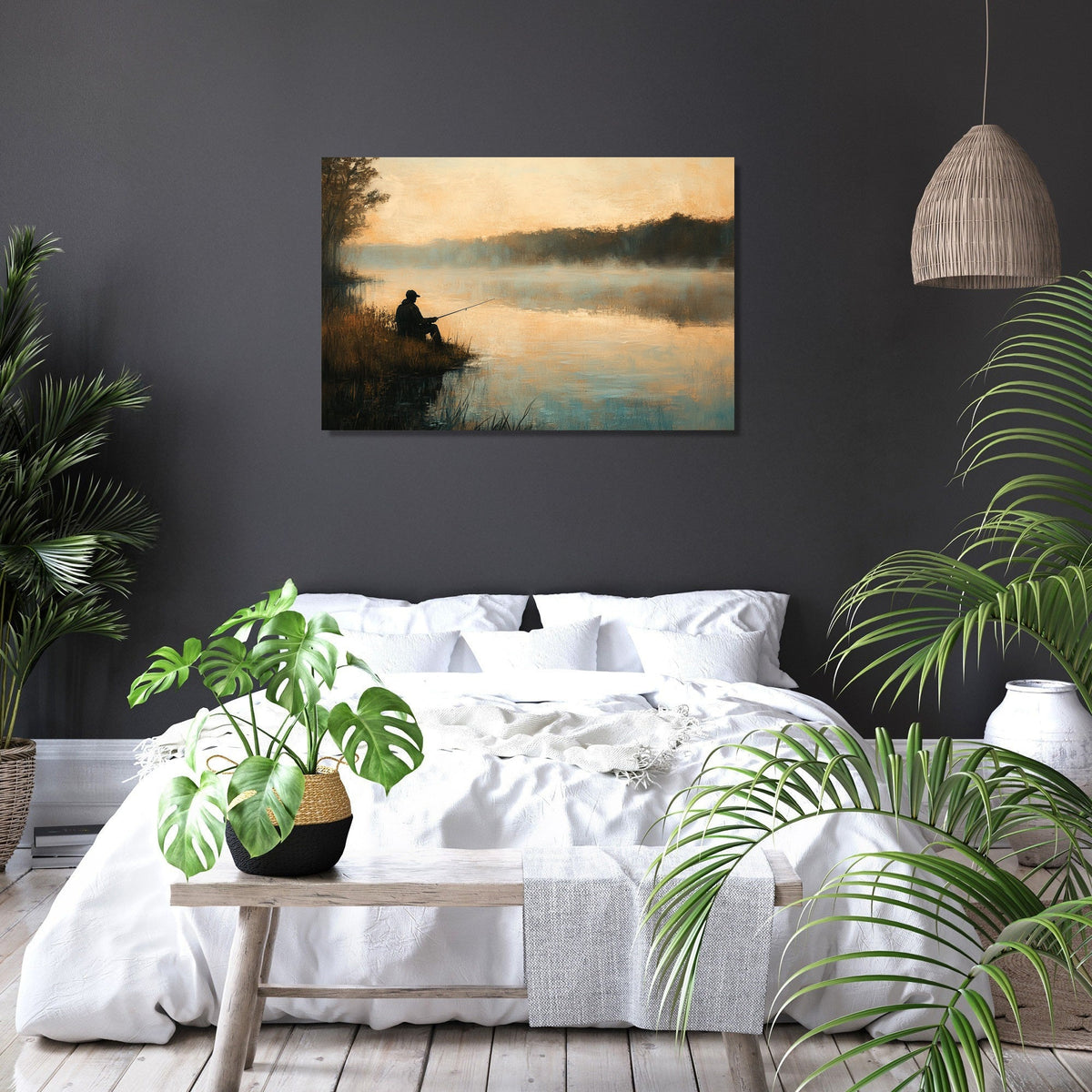Serene Wall Art Canvas featuring a fisherman at sunrise over tranquil waters in a stylish bedroom setting